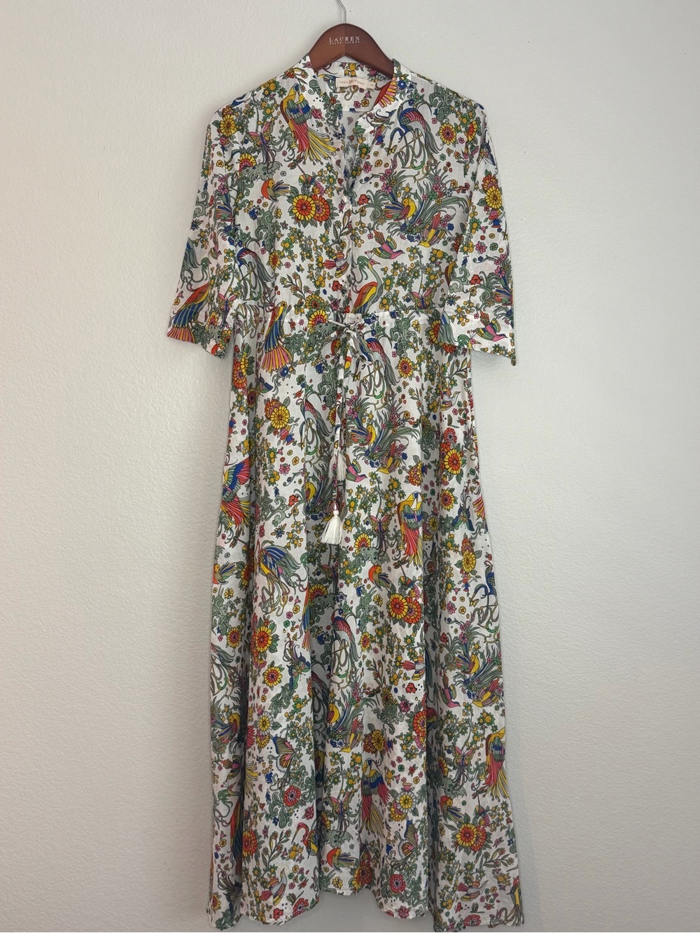 Tory Burch Promised Land Cotton Maxi Shirt Dress Pockets | S Bird Floral Print - Picture 2 of 7
